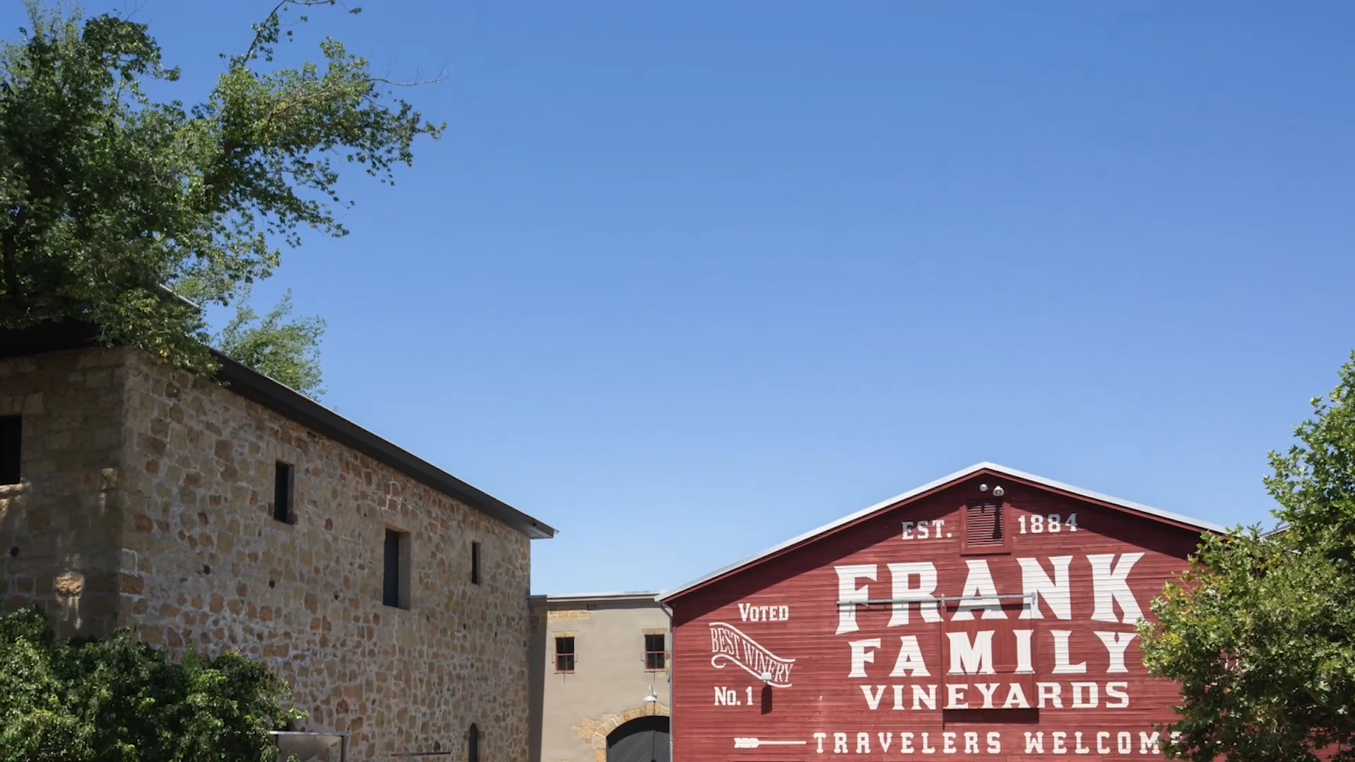 A skyward view of Frank Family Vineyards' Stone Building