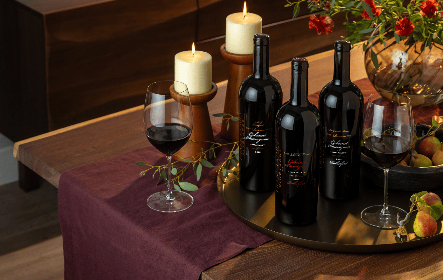 Frank Family Reserve Cabernets set against a fall backdrop. 