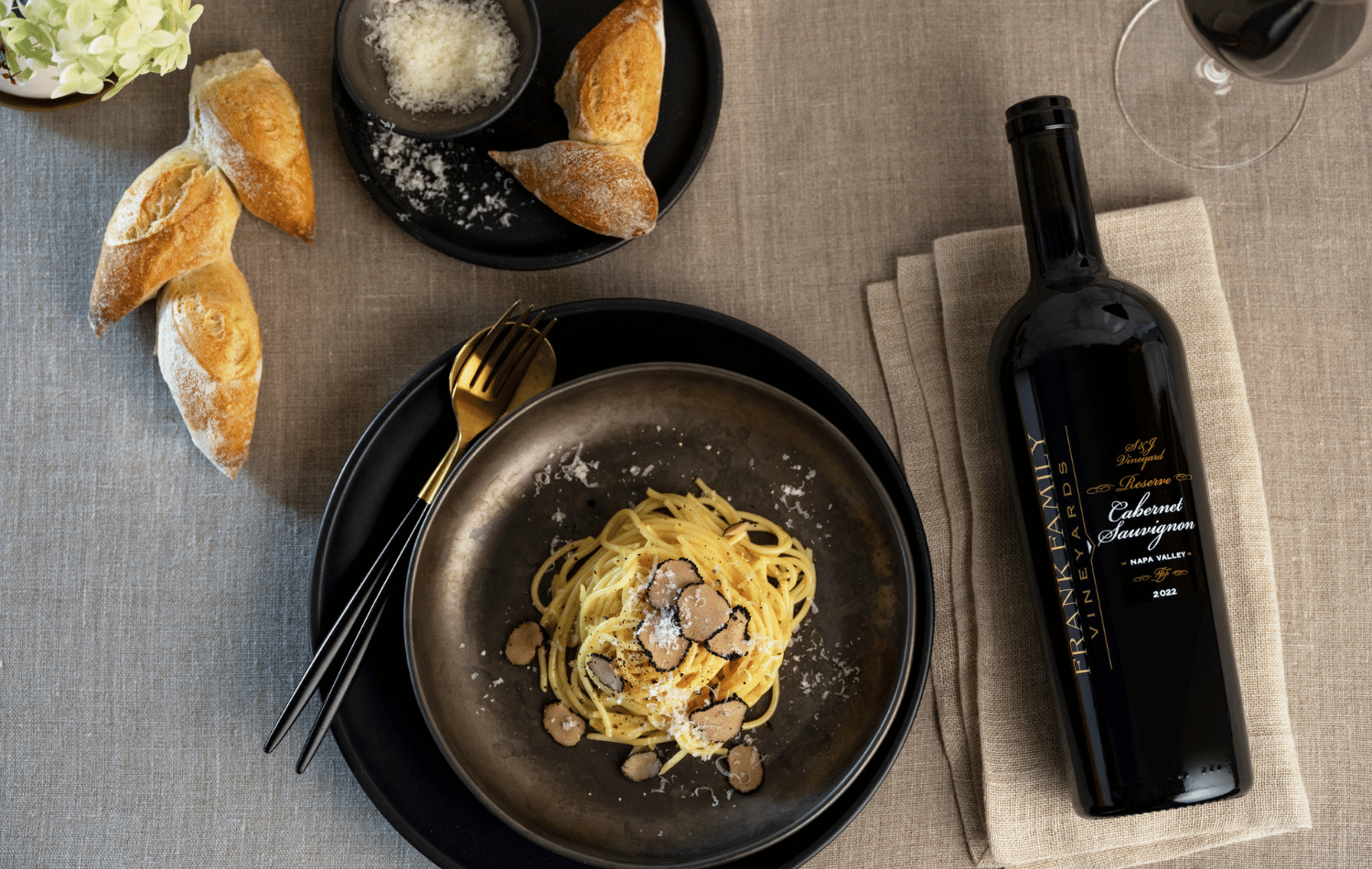 Frank Family's S&J Cabernet with a truffle pasta dish.